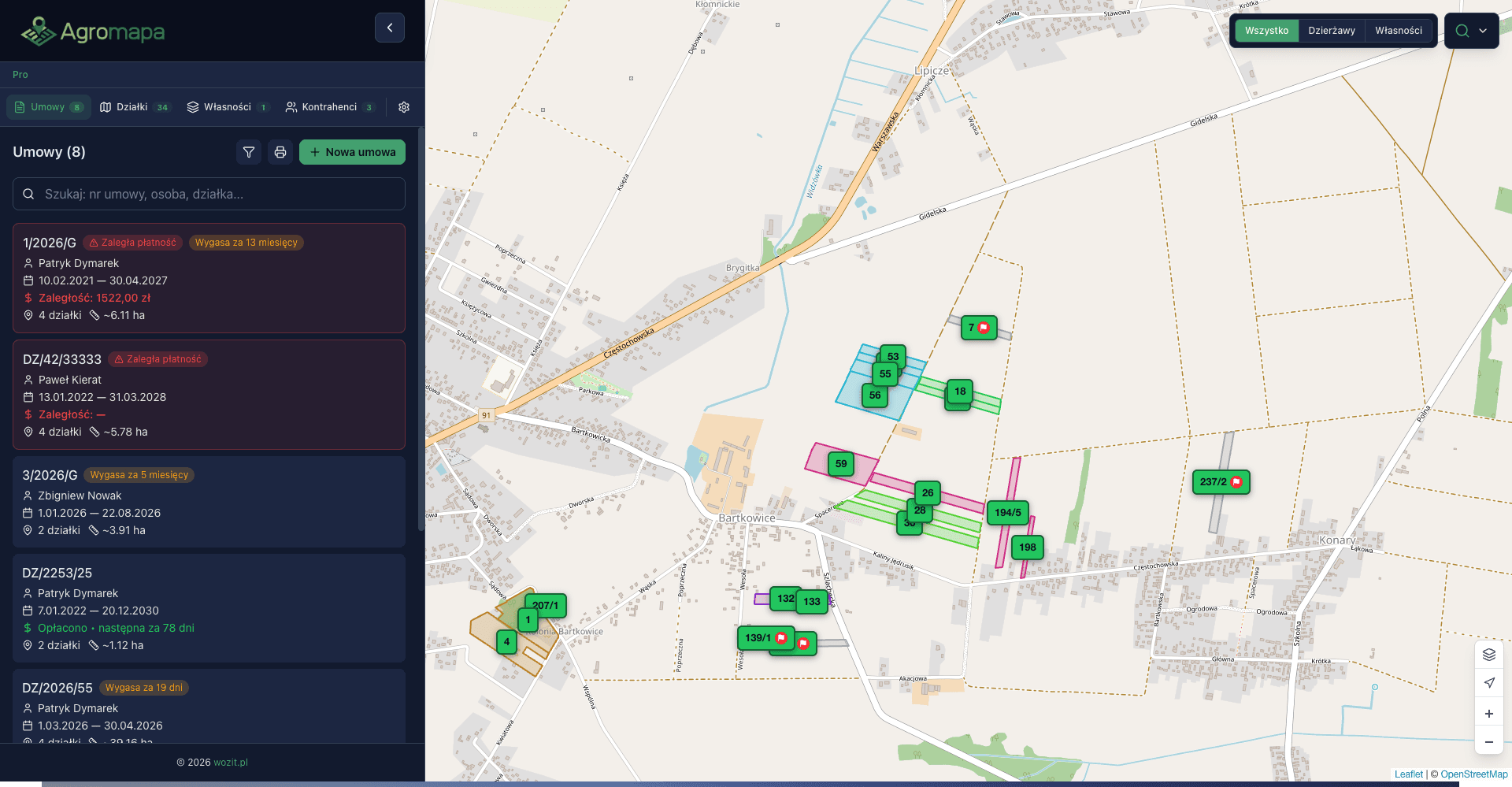 AgroMapa - mapa działek z umowami dzierżawy i statusami płatności