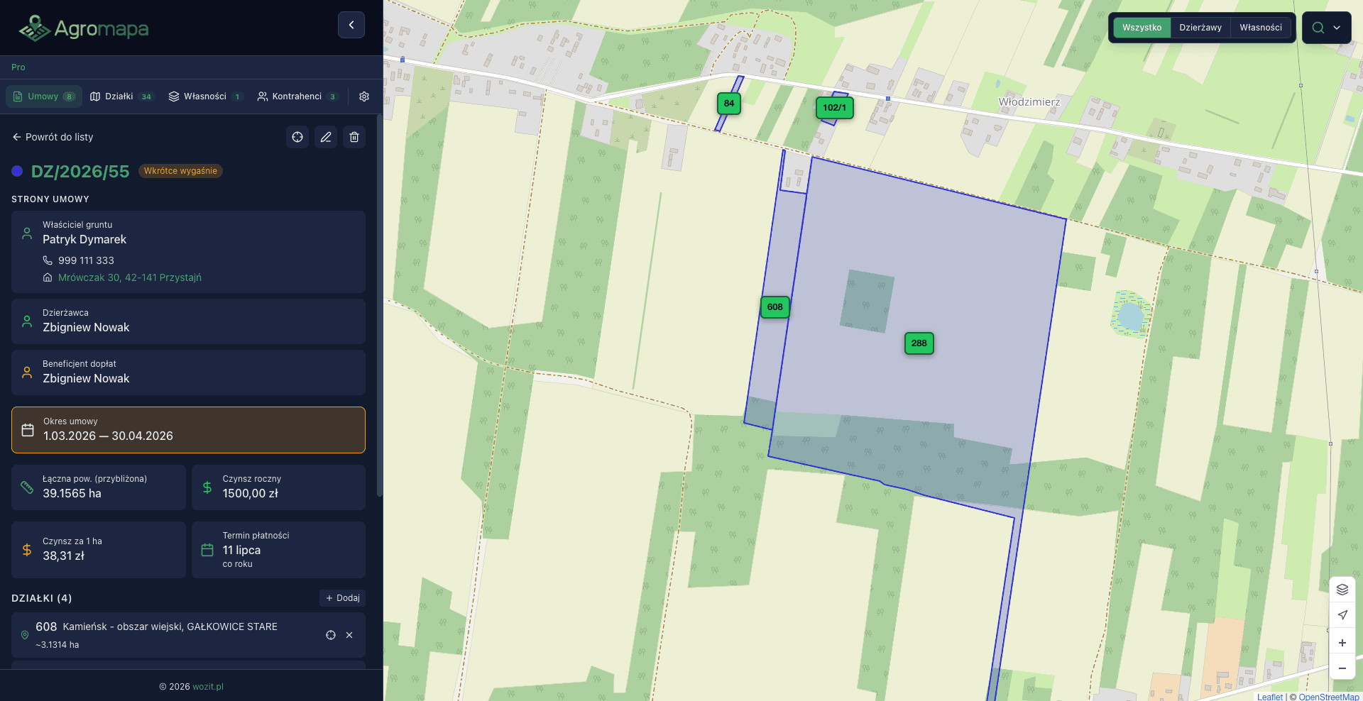 Szczegóły umowy dzierżawy z przypisanymi działkami